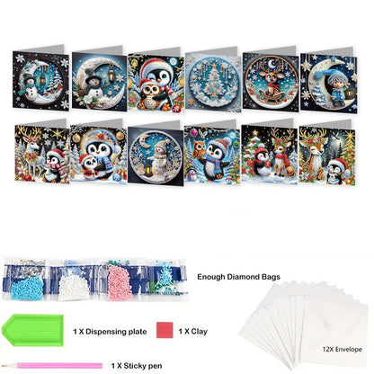 12Pcs Xmas Animal DIY Diamond Painting Greeting Cards for Adult Holiday Gifts