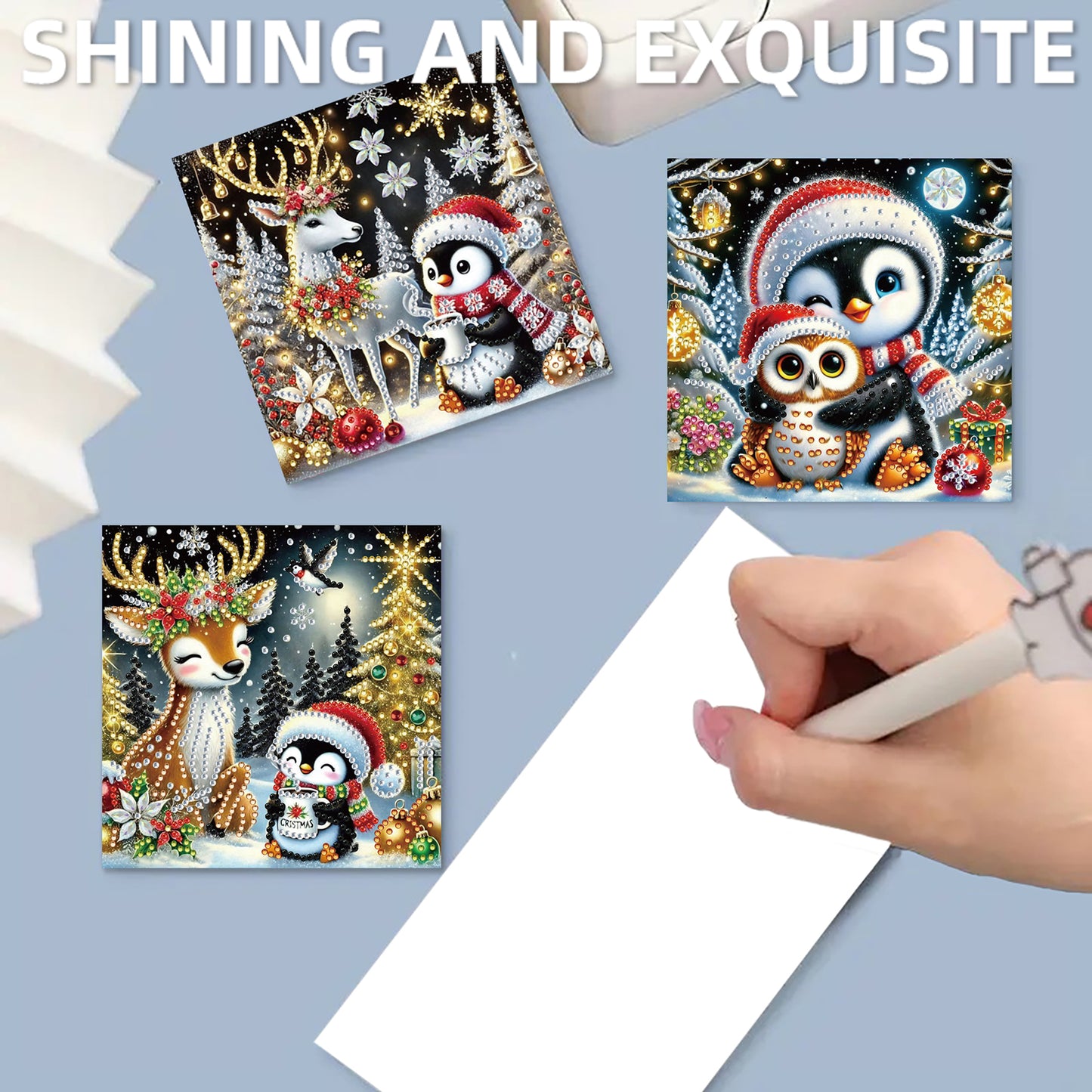 12Pcs Xmas Animal DIY Diamond Painting Greeting Cards for Adult Holiday Gifts