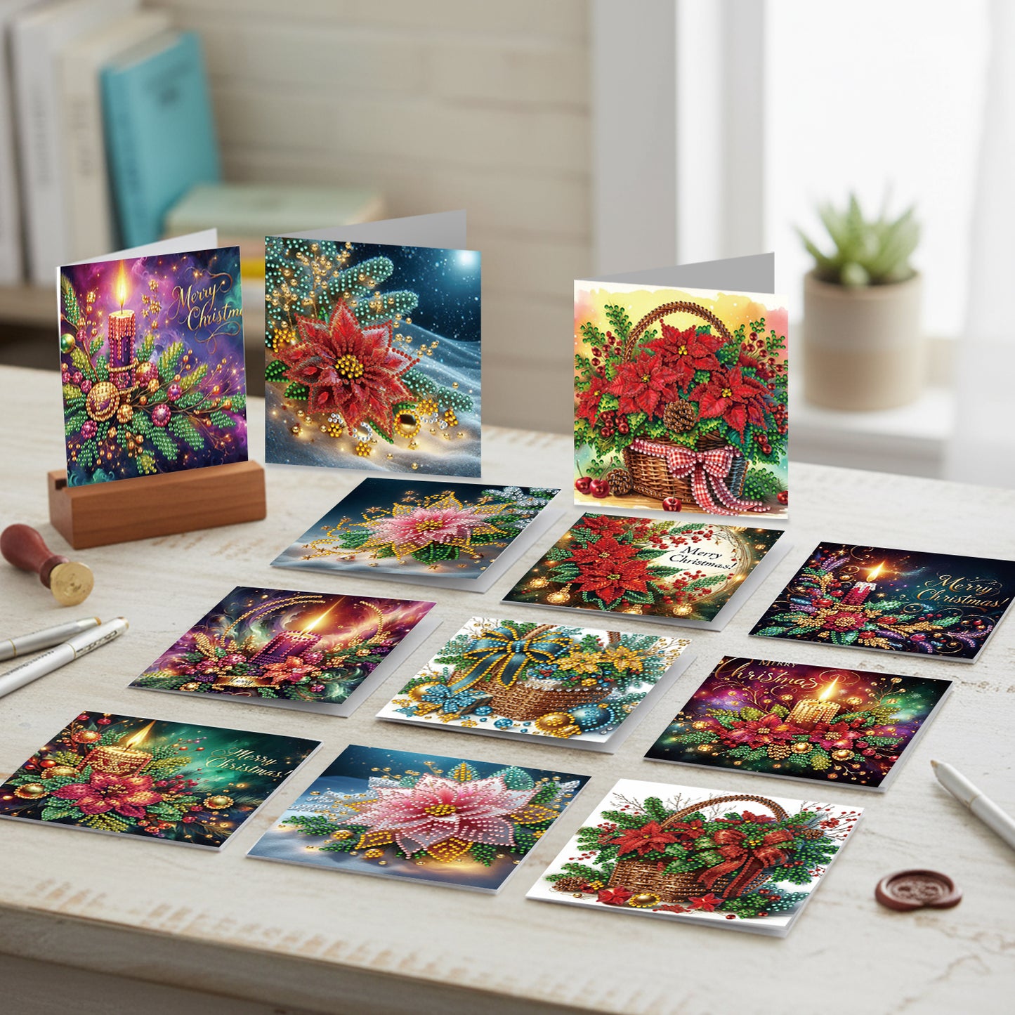 12Pcs Xmas Flower DIY Diamond Painting Greeting Cards for Adult Holiday Gifts
