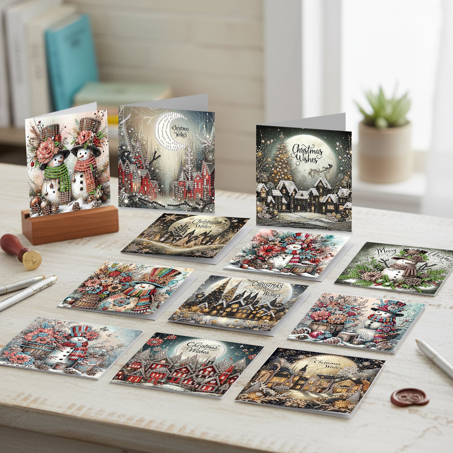 12Pcs Christmas Snowman DIY Diamond Painting Greeting Cards for Adults Gifts