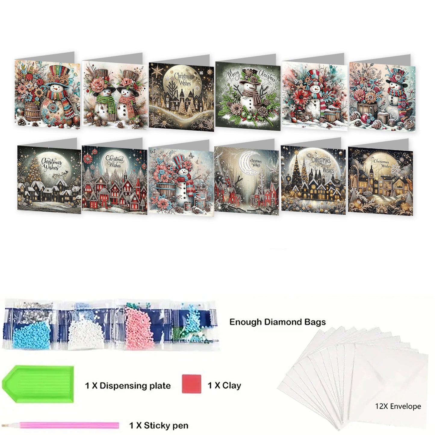 12Pcs Christmas Snowman DIY Diamond Painting Greeting Cards for Adults Gifts