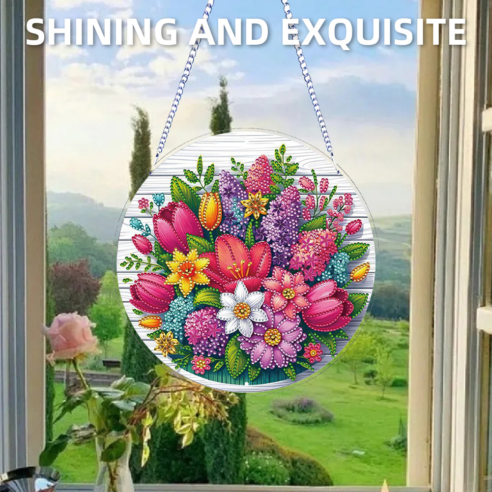 Flower Bird 2D Flat DIY Hanging Diamond Art Ornament Window Pendant (Bouquet)