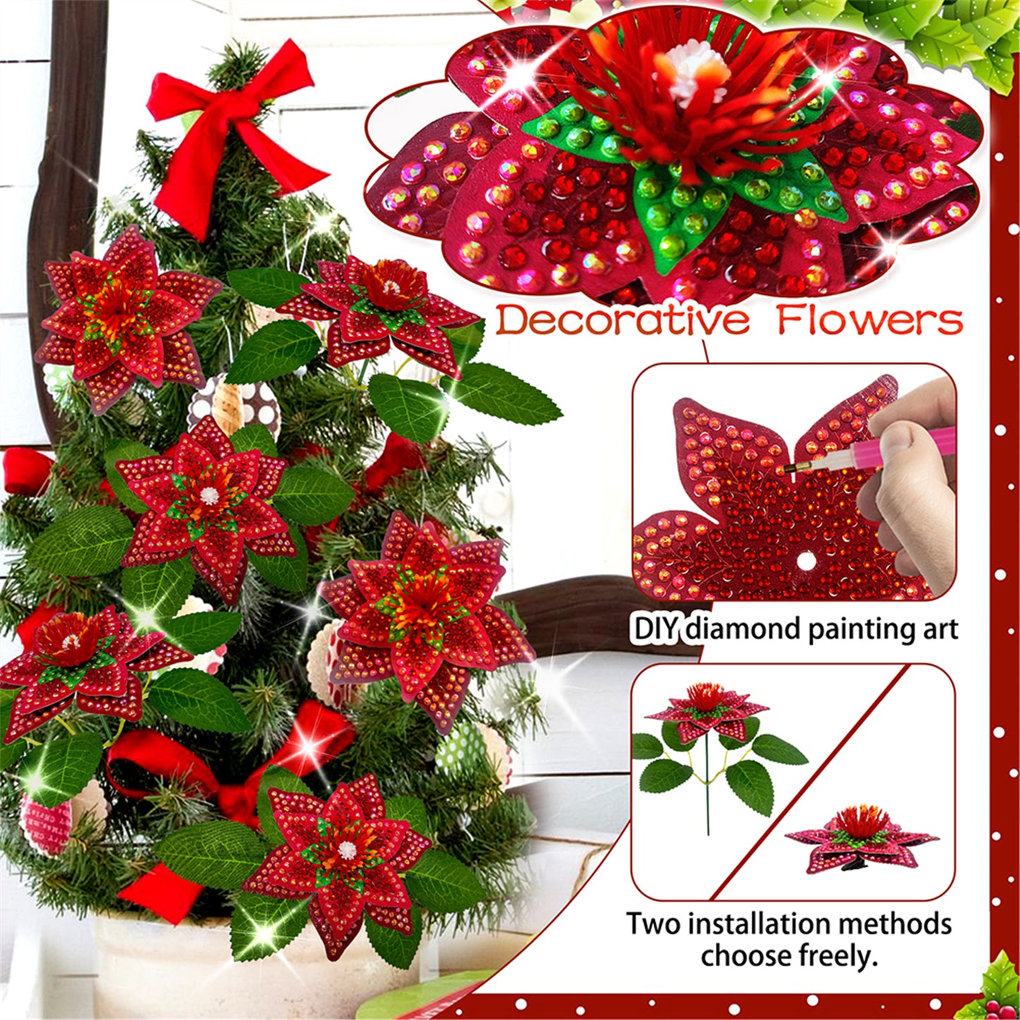 8Pcs 3D Red Artificial Flowers DIY Desktop Diamond Art Kit for Adults Home Decor