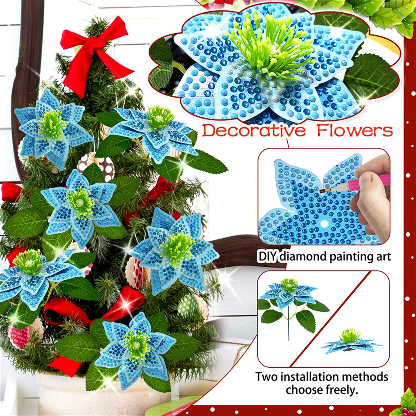 8Pcs 3D Blue Artificial Flowers DIY Desktop Diamond Art Kit for Adult Home Decor