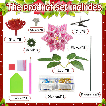 8Pcs 3D Pink Artificial Flowers DIY Desktop Diamond Art Kit for Adult Home Decor