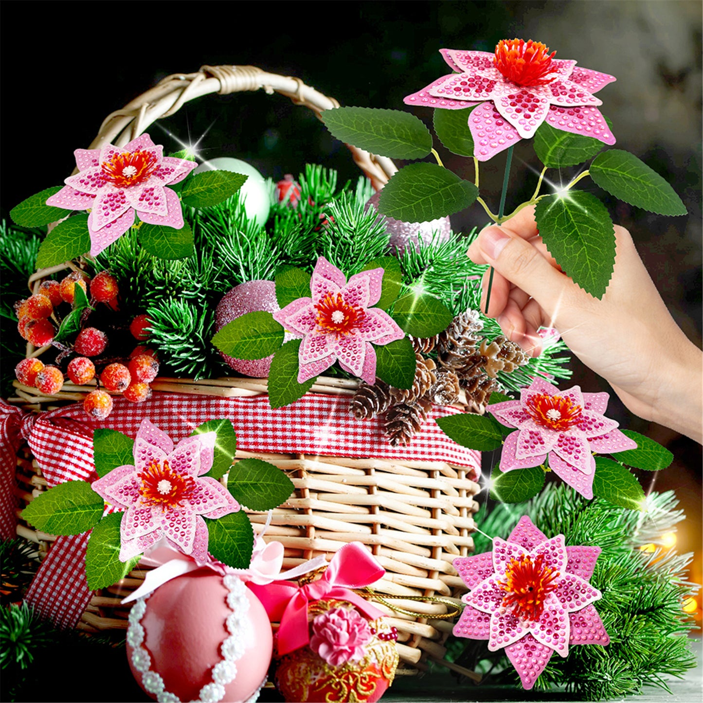 8Pcs 3D Pink Artificial Flowers DIY Desktop Diamond Art Kit for Adult Home Decor