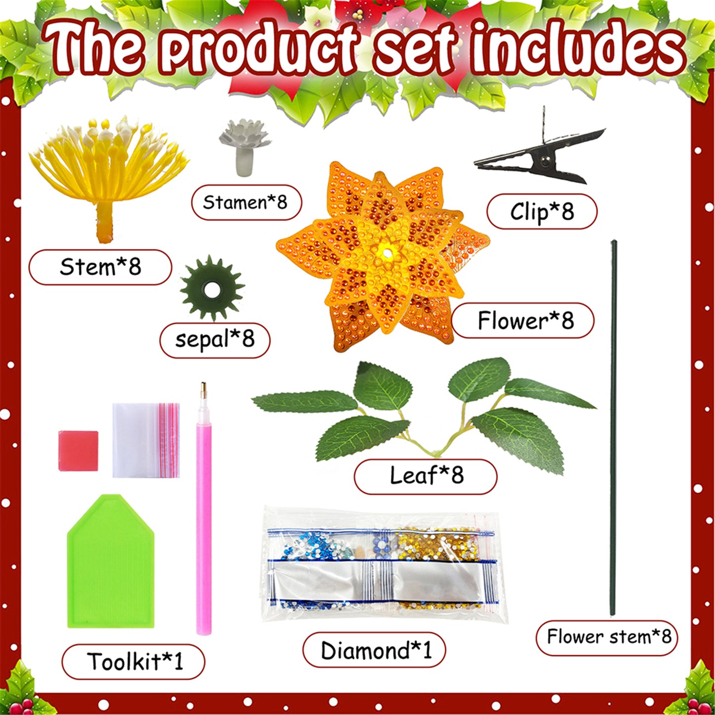 8Pcs 3D Orange Artificial Flowers DIY Desktop Diamond Art Kit Adults Home Decor