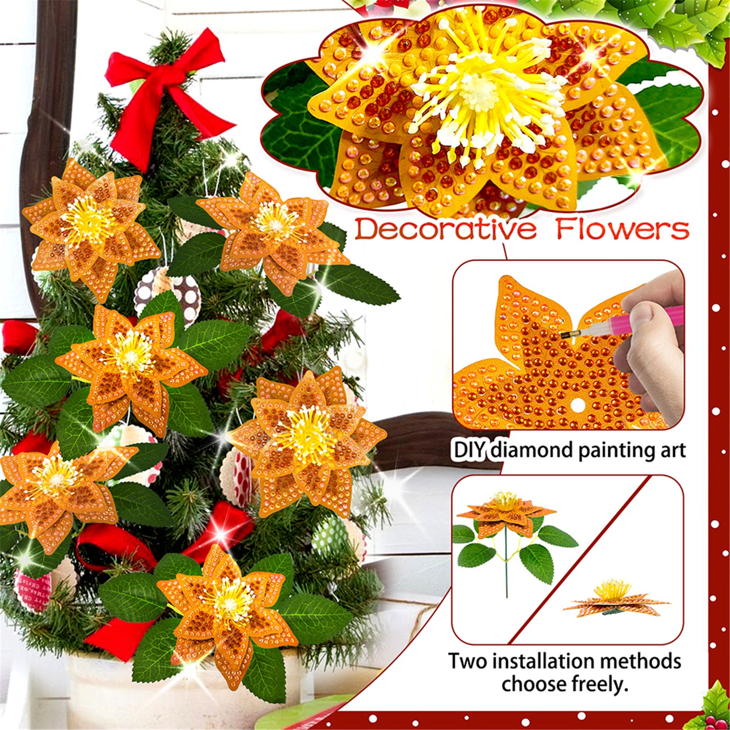 8Pcs 3D Orange Artificial Flowers DIY Desktop Diamond Art Kit Adults Home Decor