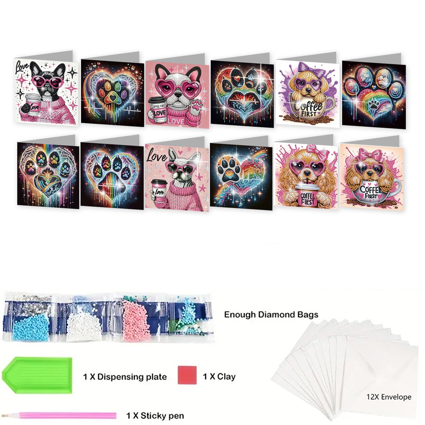 12pcs Animals Pattern DIY Diamond Art Greeting Cards with Envelope for Festivals
