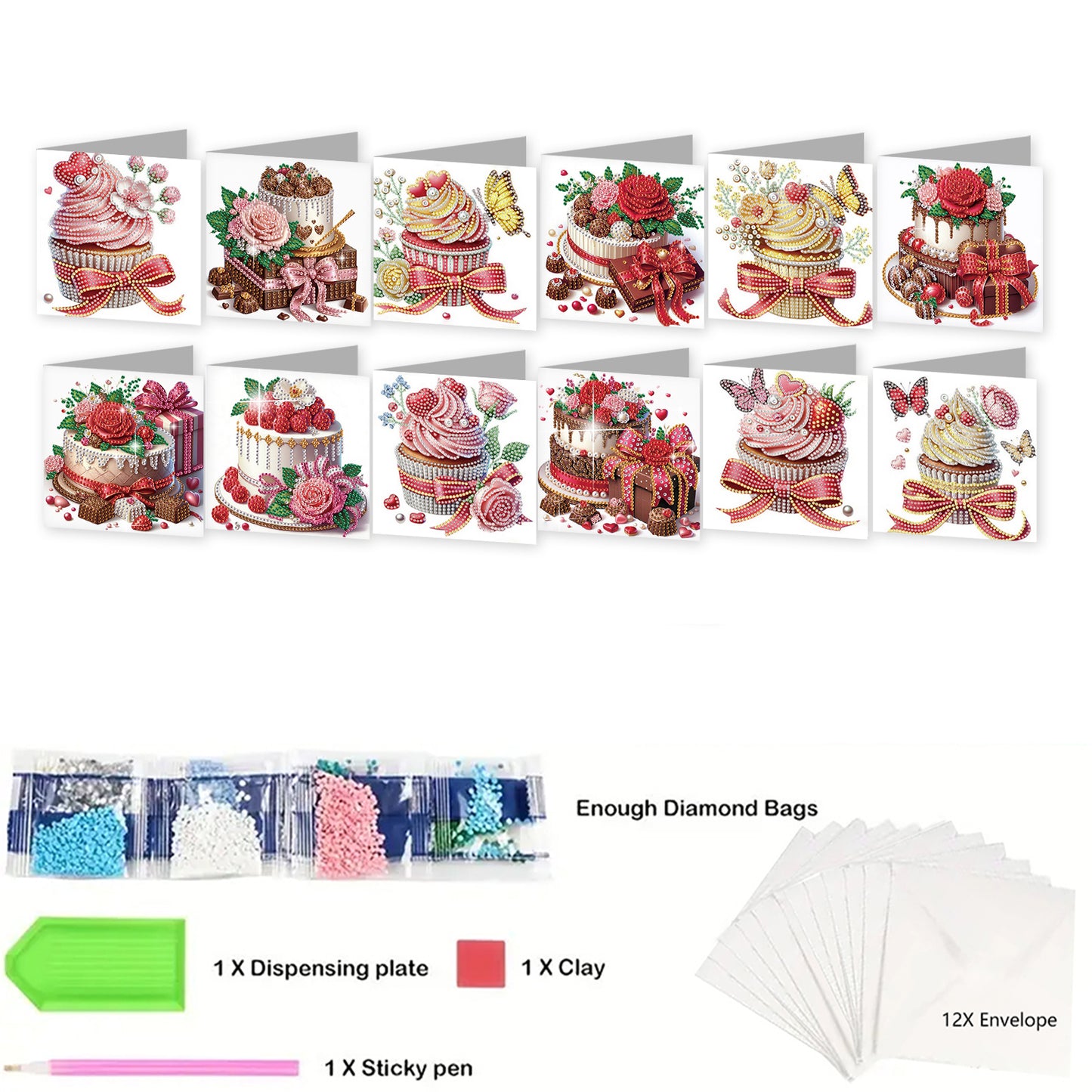 12pcs Cake Pattern DIY Diamond Art Greeting Cards with Envelope for Festivals