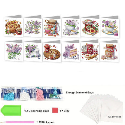 12pcs Desserts Pattern DIY Diamond Art Greeting Cards with Envelope for Festival