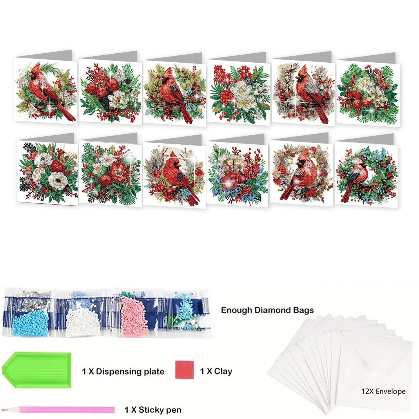 12pcs Bird Pattern DIY Diamond Art Greeting Cards with Envelope for Festivals