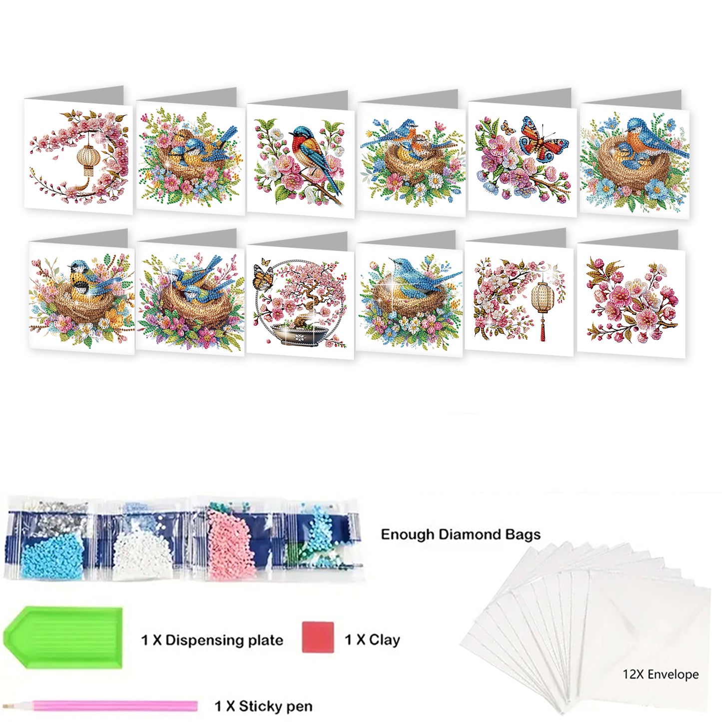 12pcs Bluebird Pattern DIY Diamond Art Greeting Cards with Envelope for Festival