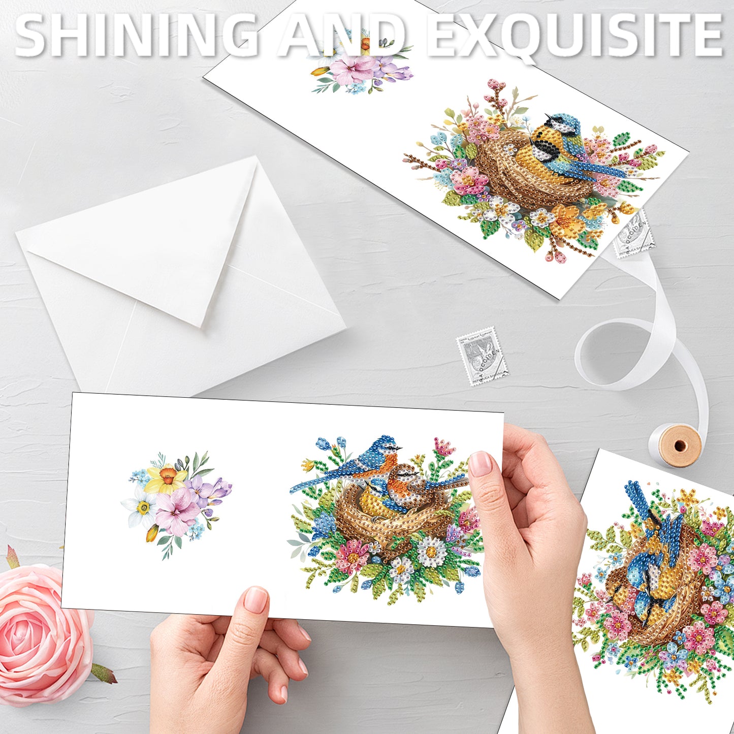 12pcs Bluebird Pattern DIY Diamond Art Greeting Cards with Envelope for Festival