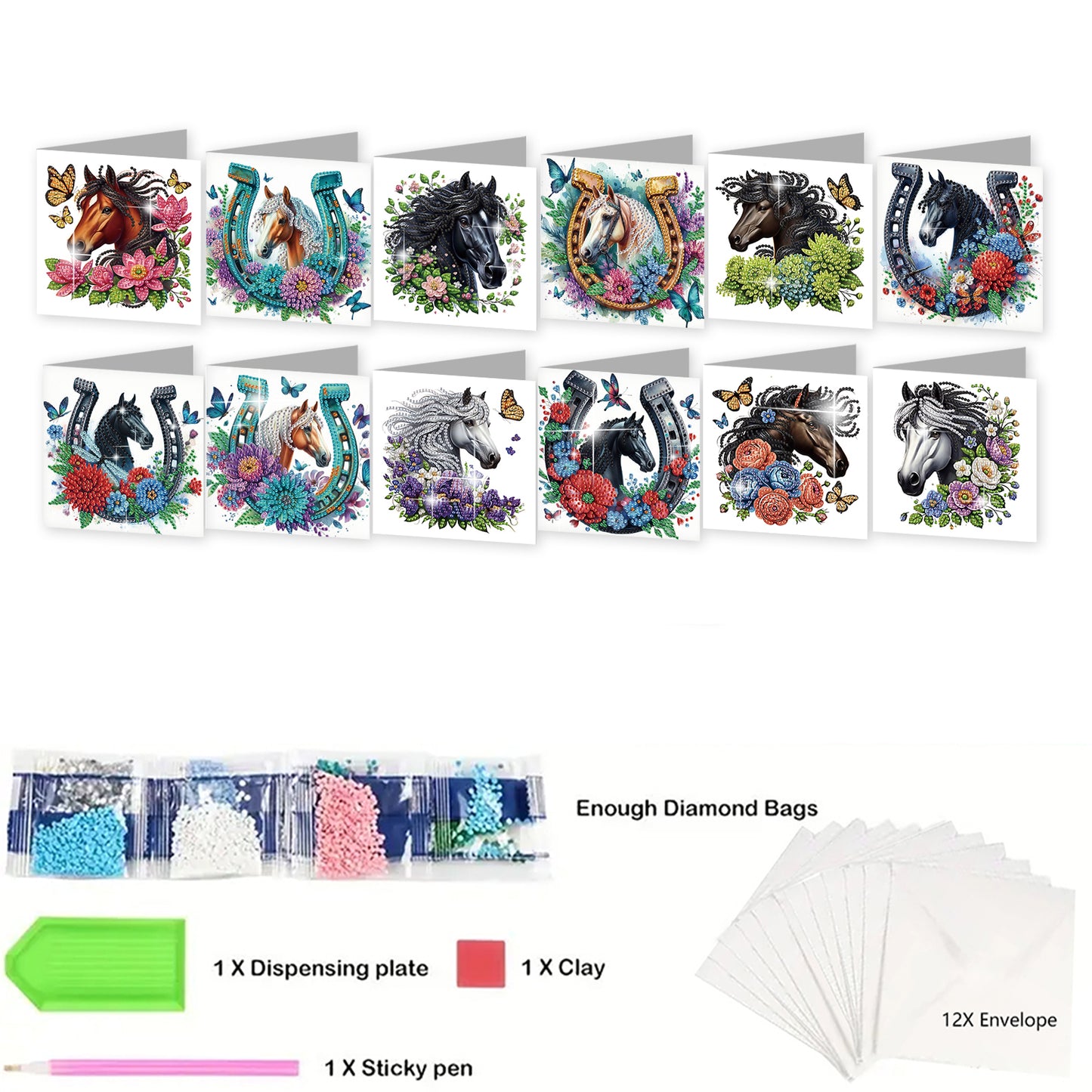 12pcs Flowers Pattern DIY Diamond Art Greeting Cards with Envelope for Festivals