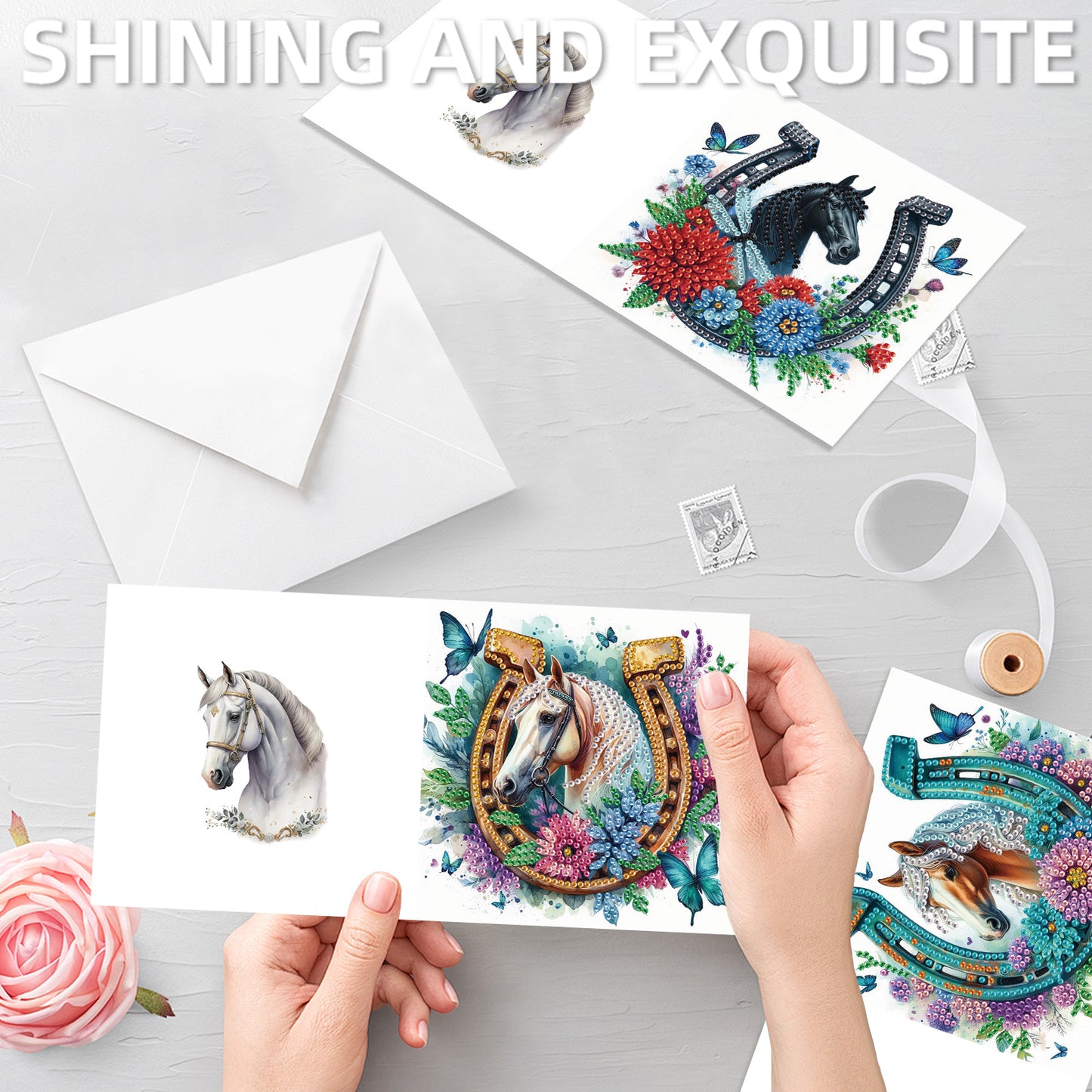 12pcs Flowers Pattern DIY Diamond Art Greeting Cards with Envelope for Festivals