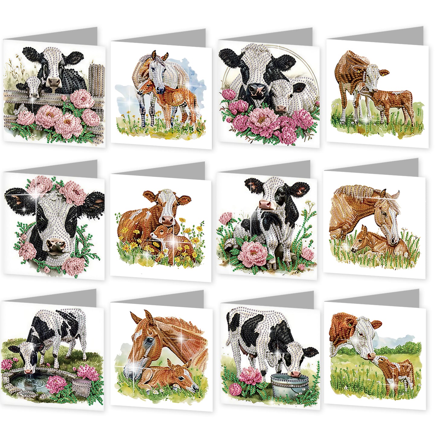 12pcs Cow Pattern DIY Diamond Art Greeting Cards with Envelope for Festivals