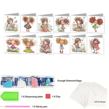 12pcs Girl Pattern DIY Diamond Art Greeting Cards with Envelope for Festivals