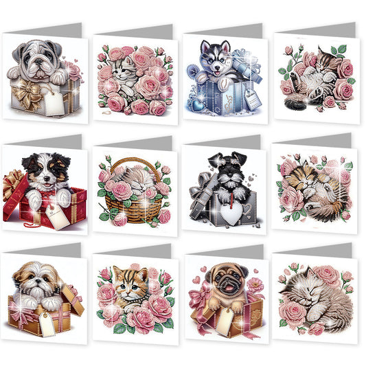 12pcs Cat Pattern DIY Diamond Art Greeting Cards with Envelope for Festivals