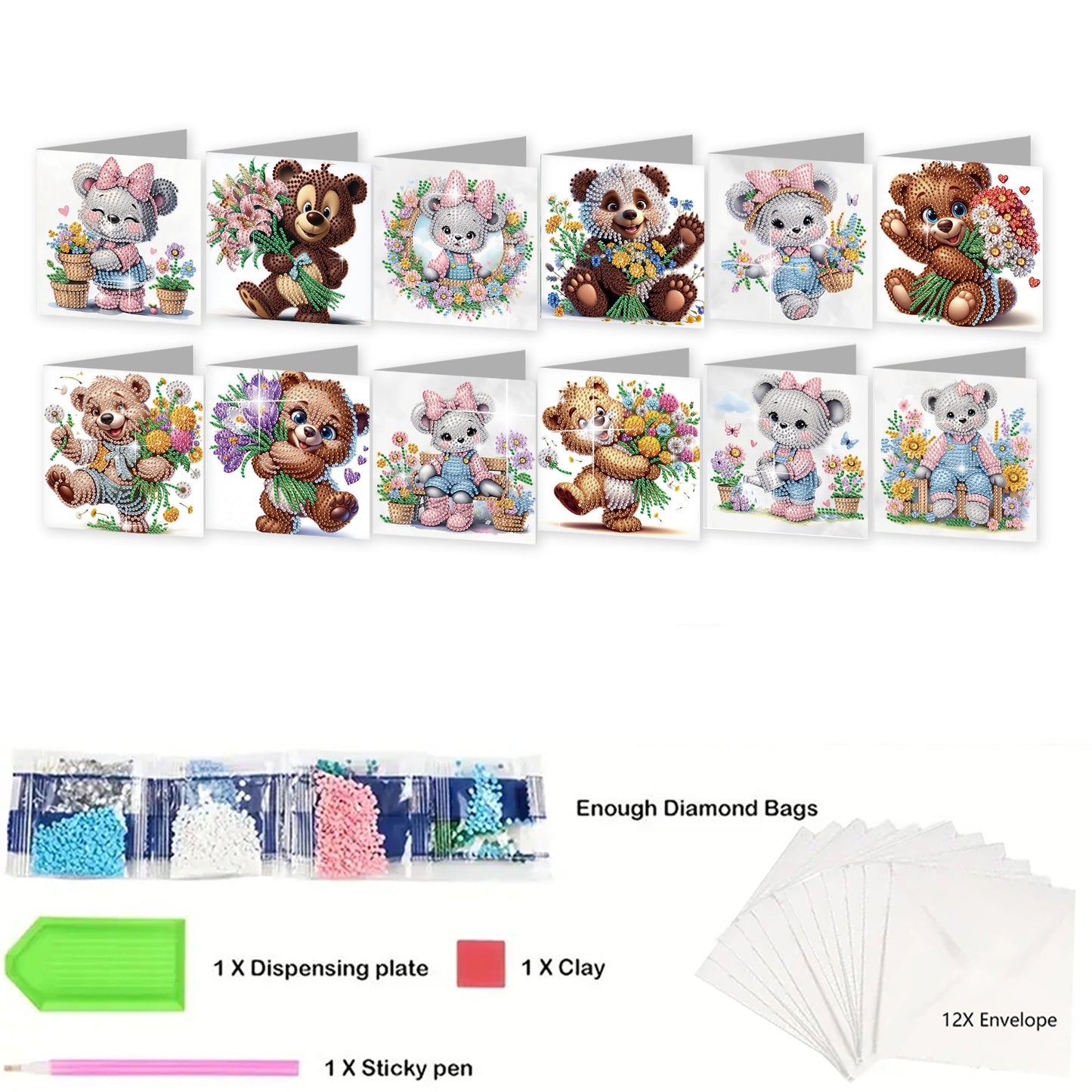 12pcs Bear Pattern DIY Diamond Art Greeting Cards with Envelope for Festivals