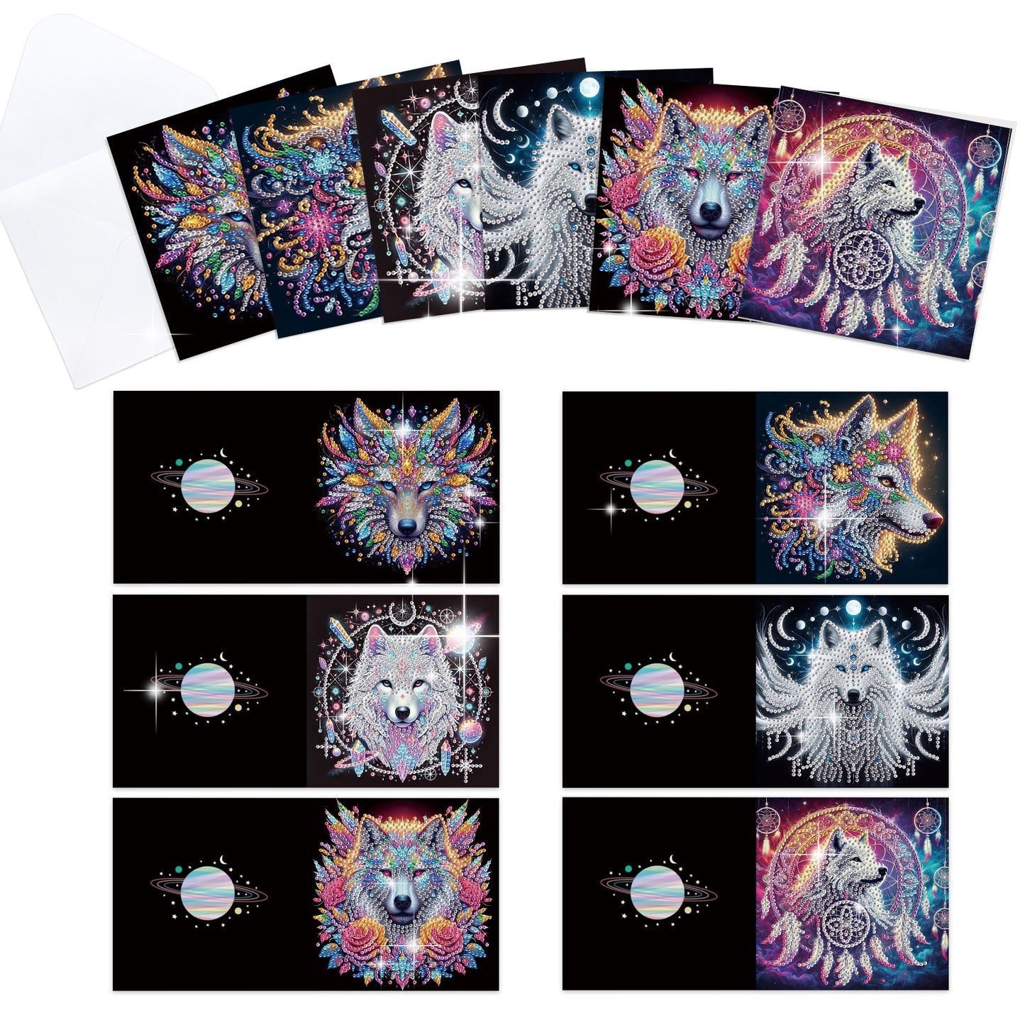12PCS Hummingbird Wolf DIY Diamond Painting Greeting Card Set with Envelopes