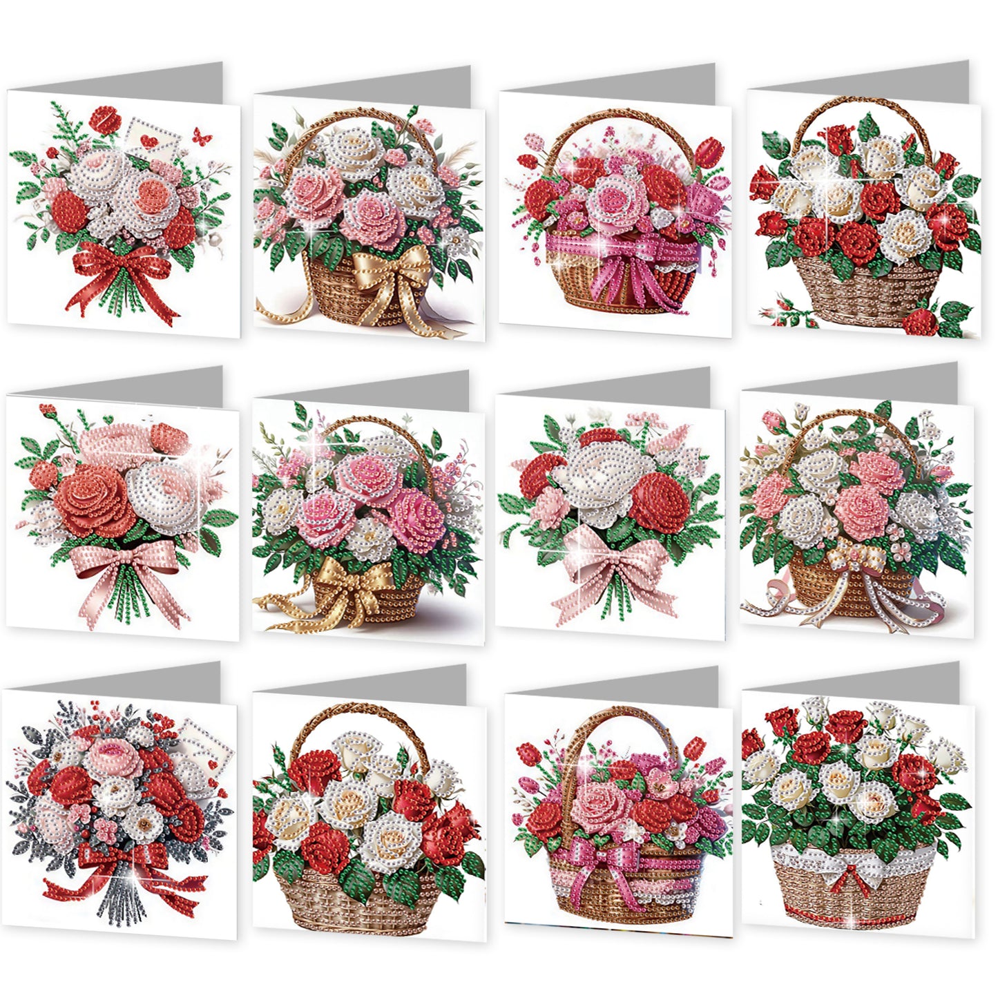 12PCS Bouquets Flower DIY Diamond Painting Greeting Card Set with Envelopes