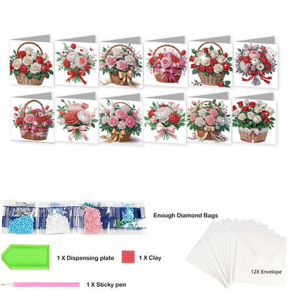 12PCS Bouquets Flower DIY Diamond Painting Greeting Card Set with Envelopes
