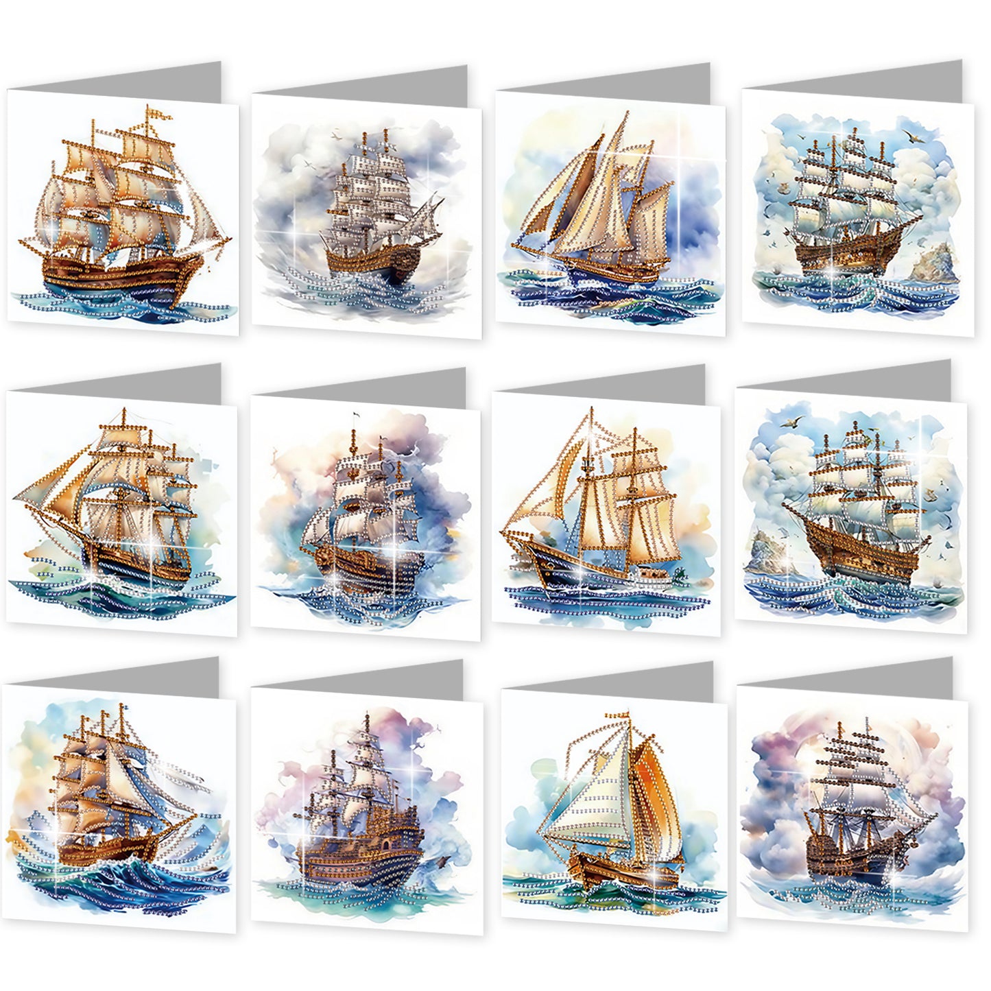12PCS Sea Sailing Boat DIY Diamond Painting Greeting Card Set with Envelopes