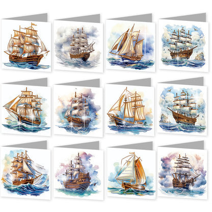 12PCS Sea Sailing Boat DIY Diamond Painting Greeting Card Set with Envelopes