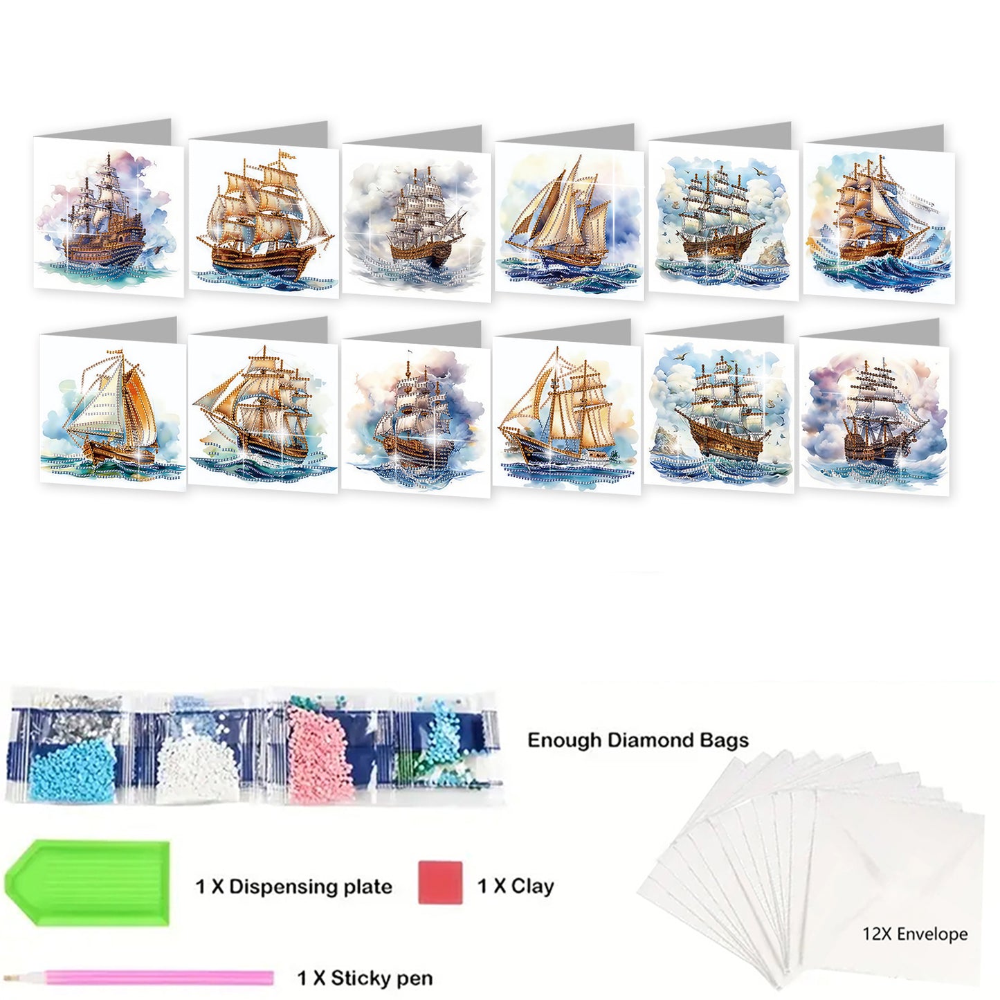 12PCS Sea Sailing Boat DIY Diamond Painting Greeting Card Set with Envelopes