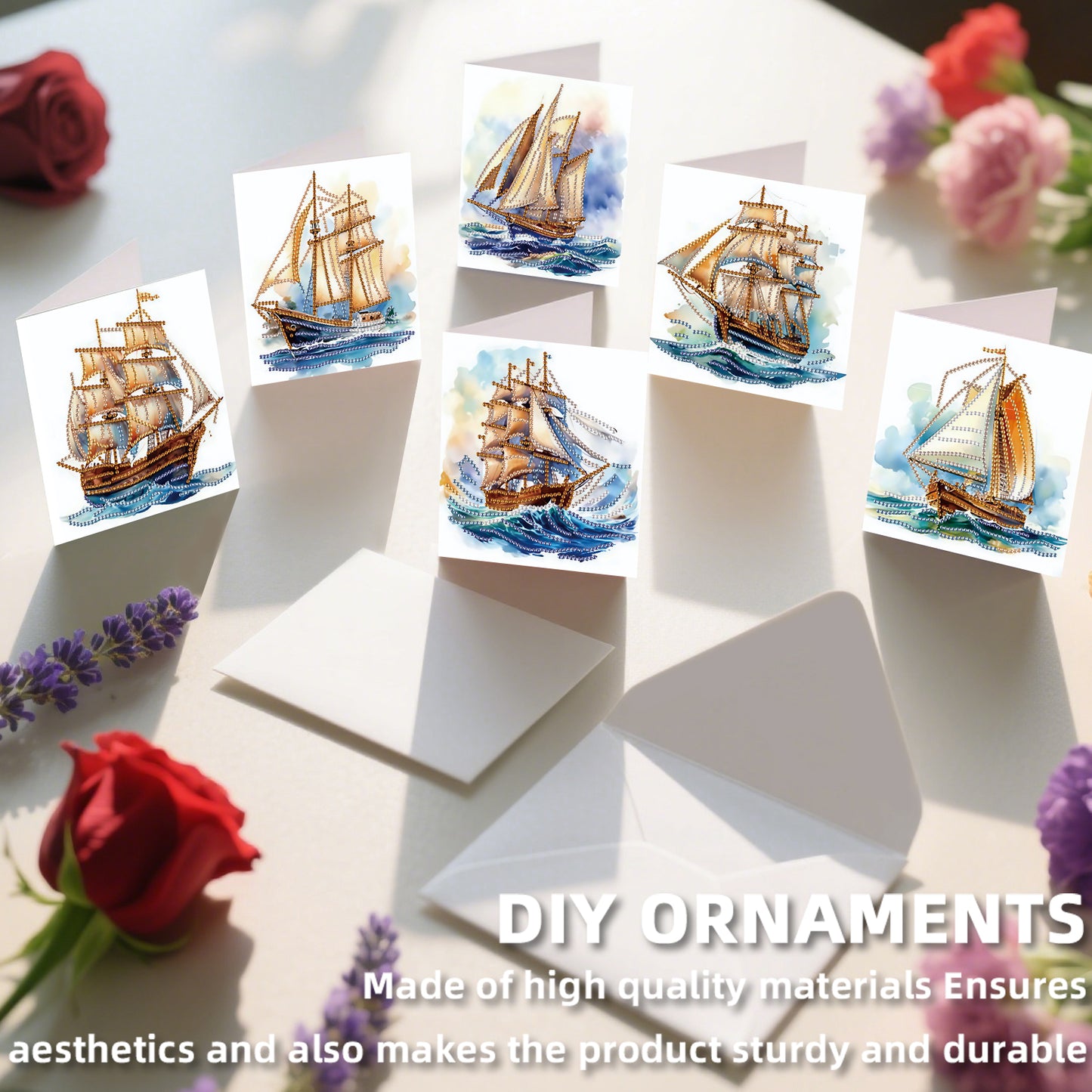12PCS Sea Sailing Boat DIY Diamond Painting Greeting Card Set with Envelopes