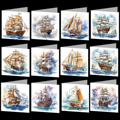 12PCS Sea Sailing Boat DIY Diamond Painting Greeting Card Set with Envelopes
