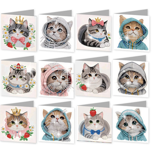 12PCS Cute Kitten DIY Diamond Painting Greeting Card Set with Envelopes