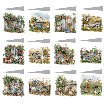 12PCS Flower Bike DIY Diamond Painting Greeting Card Set with Envelopes