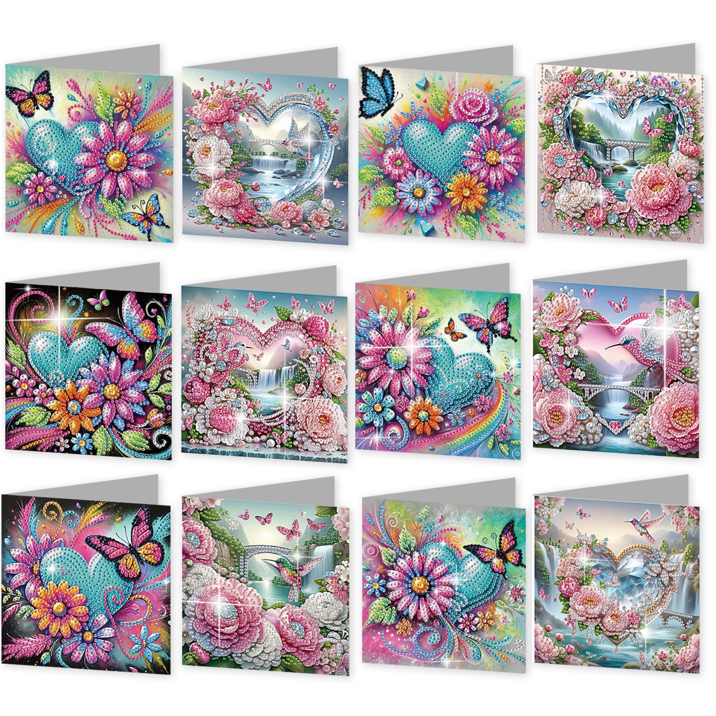 12PCS Flower Heart DIY Diamond Painting Greeting Card Set with Envelopes