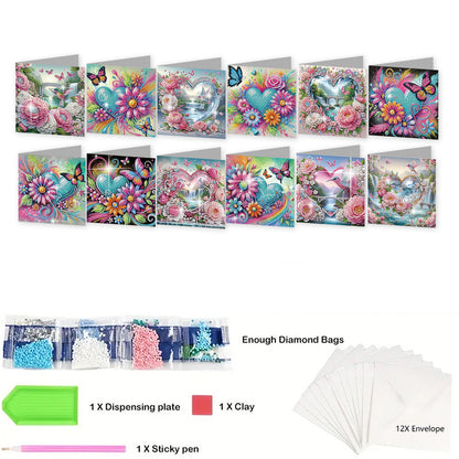 12PCS Flower Heart DIY Diamond Painting Greeting Card Set with Envelopes