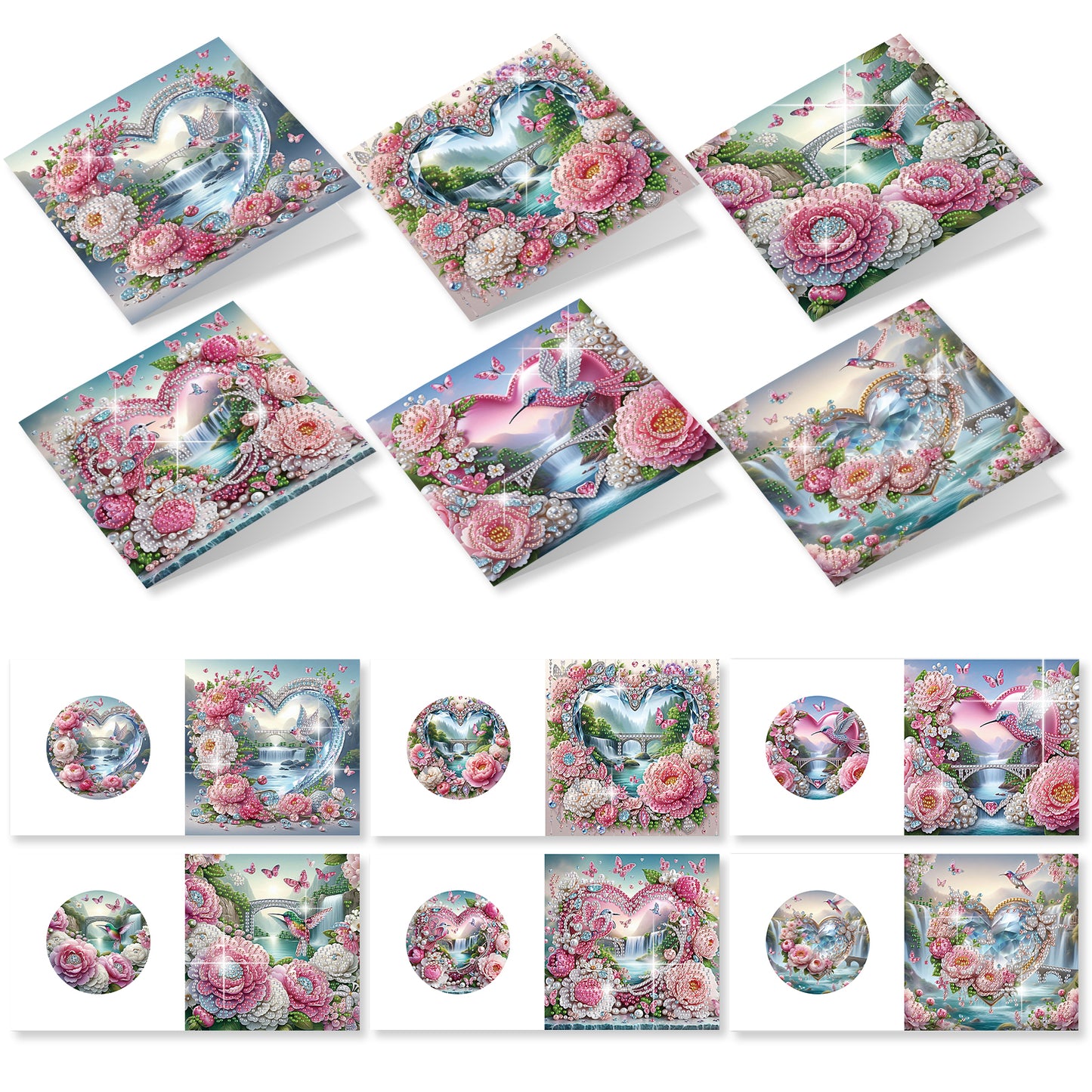 12PCS Flower Heart DIY Diamond Painting Greeting Card Set with Envelopes