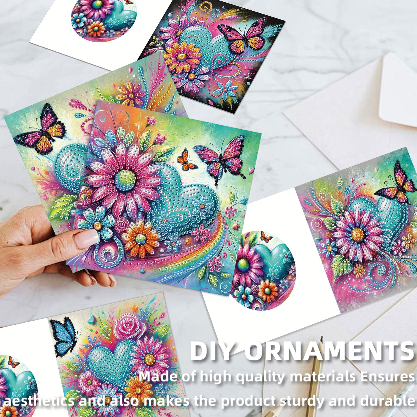 12PCS Flower Heart DIY Diamond Painting Greeting Card Set with Envelopes
