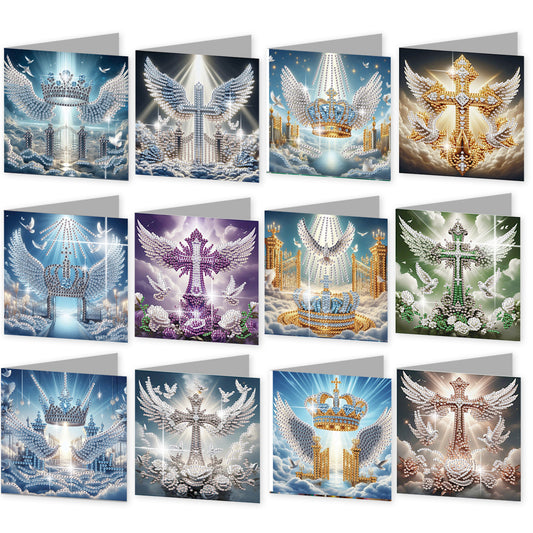 12PCS Angel Wings Cross DIY Diamond Painting Greeting Card Set with Envelopes