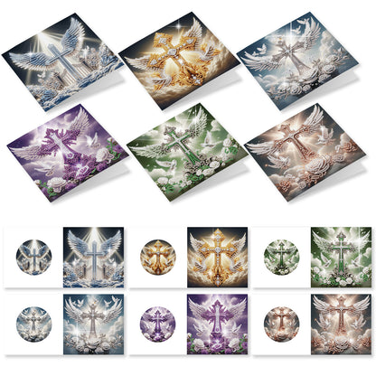 12PCS Angel Wings Cross DIY Diamond Painting Greeting Card Set with Envelopes