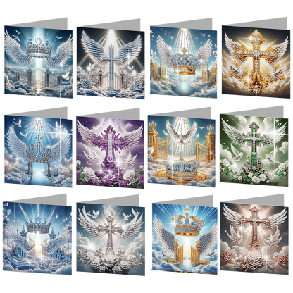 12PCS Angel Wings Cross DIY Diamond Painting Greeting Card Set with Envelopes