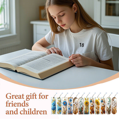 12pcs Flowers DIY 5D Diamond Painting Bookmark Kit w/ Pendant for Adult Beginner