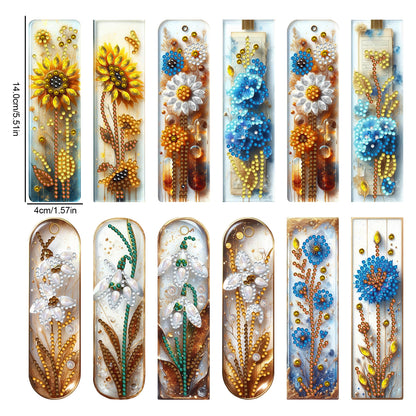 12pcs Flowers DIY 5D Diamond Painting Bookmark Kit w/ Pendant for Adult Beginner