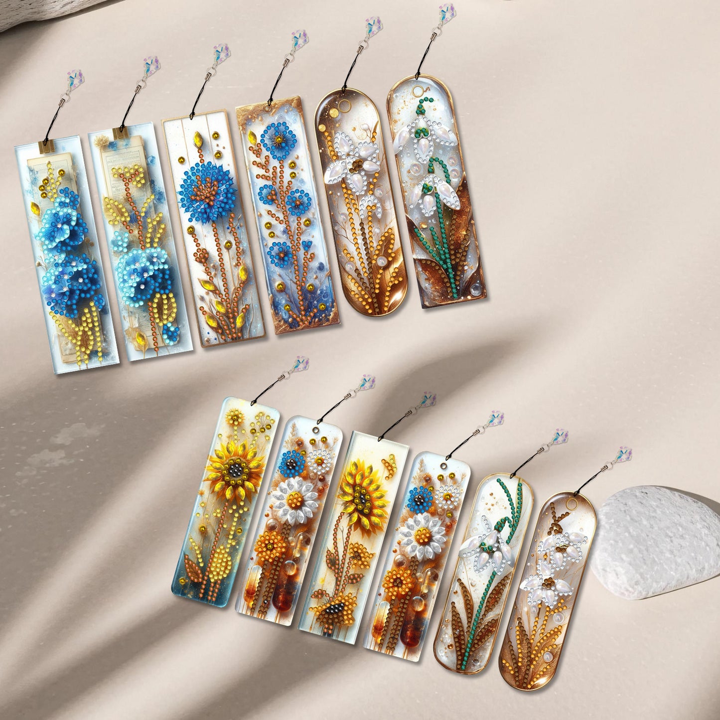 12pcs Flowers DIY 5D Diamond Painting Bookmark Kit w/ Pendant for Adult Beginner