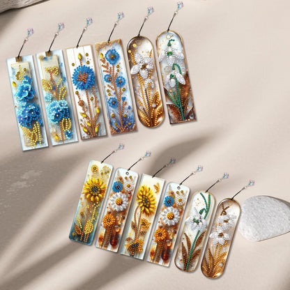 12pcs Flowers DIY 5D Diamond Painting Bookmark Kit w/ Pendant for Adult Beginner