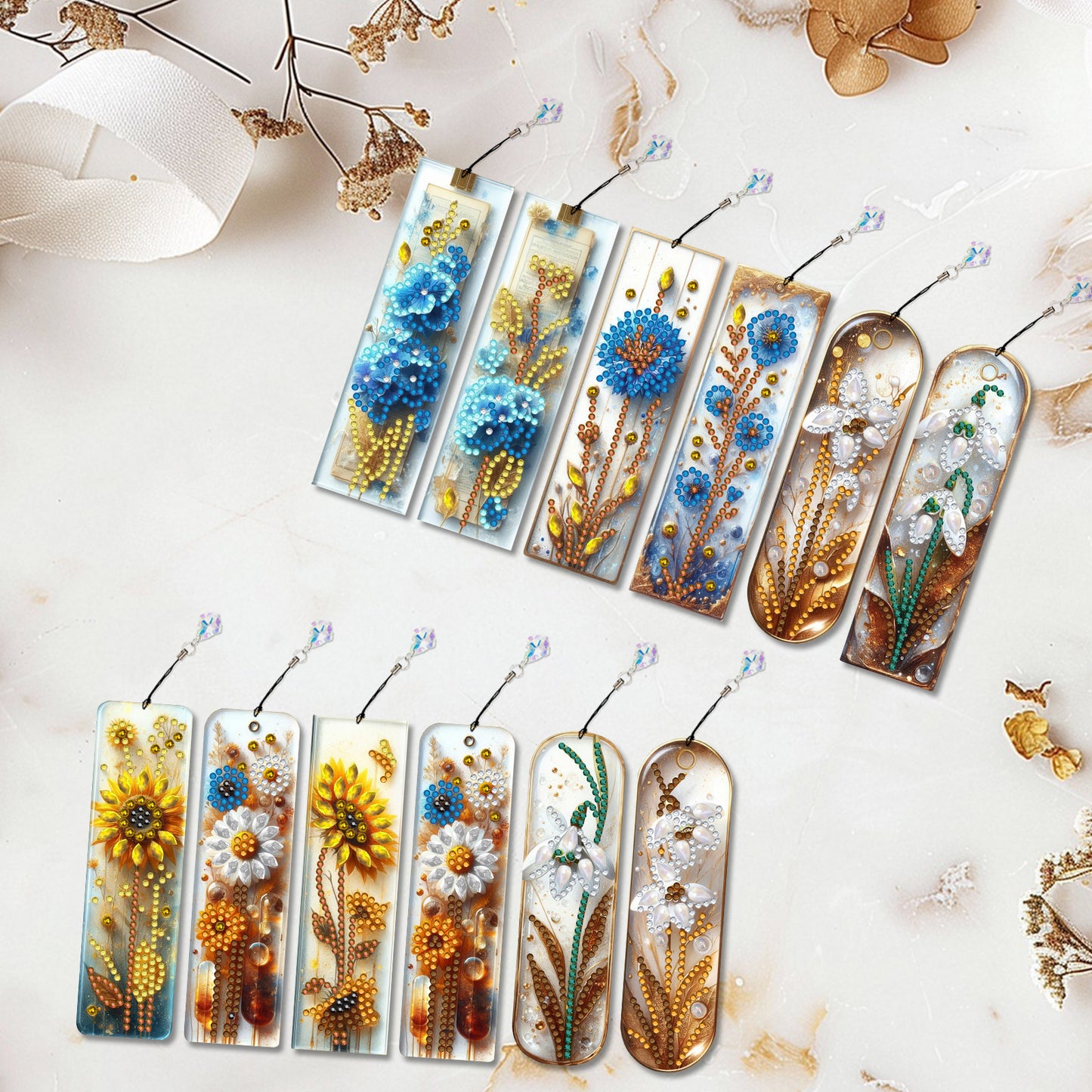 12pcs Flowers DIY 5D Diamond Painting Bookmark Kit w/ Pendant for Adult Beginner