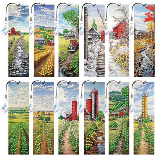 12pcs Countryside DIY 5D Diamond Painting Bookmark Kit with Pendant for Adults