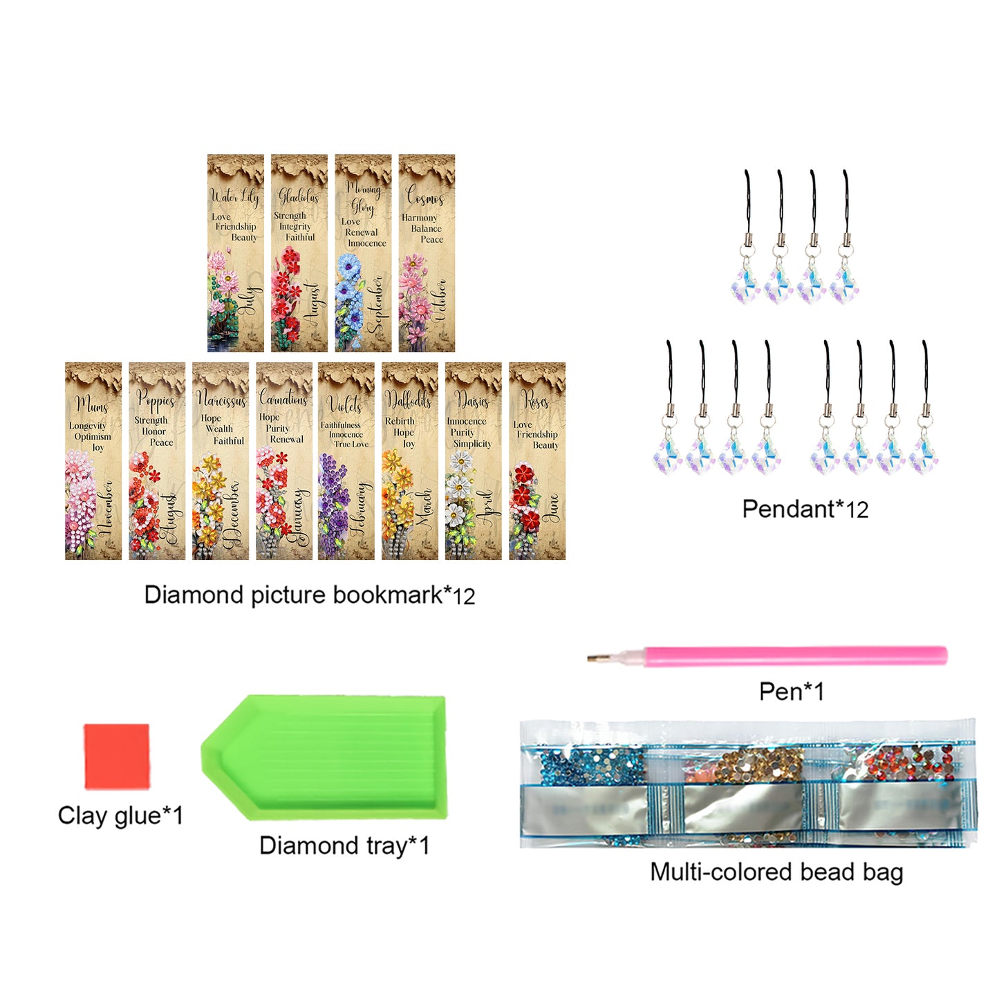 12pcs English DIY 5D Diamond Painting Bookmark Kit w/ Pendant for Adult Beginner