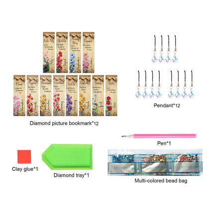 12pcs English DIY 5D Diamond Painting Bookmark Kit w/ Pendant for Adult Beginner