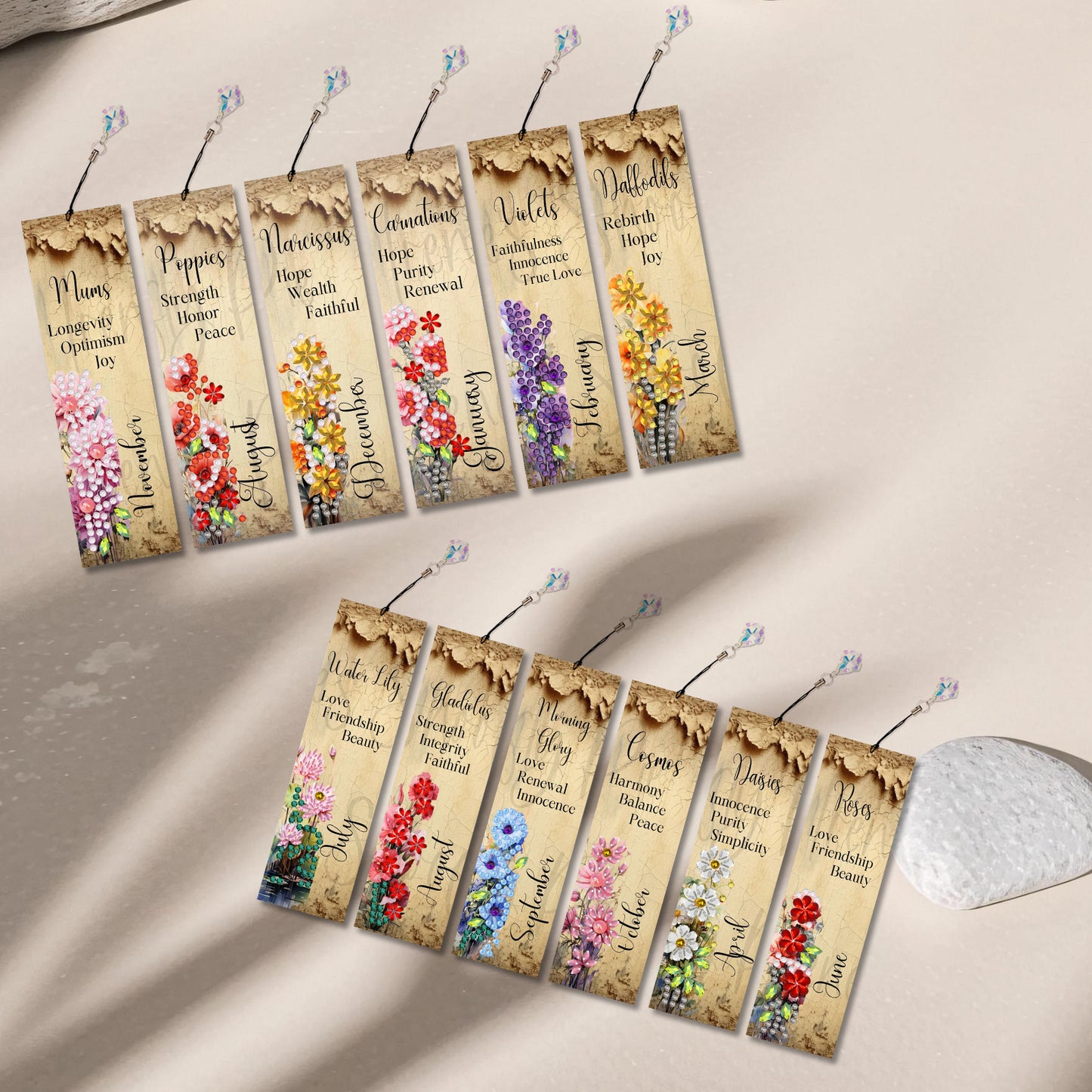 12pcs English DIY 5D Diamond Painting Bookmark Kit w/ Pendant for Adult Beginner